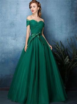 Picture of Dark Green Off Shoulder Sweetheart Tulle Prom Dresses, Green Evening Dresses Party Dresses